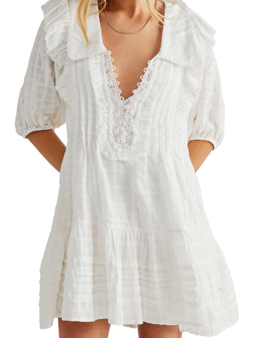 Free People White Cotton Lace Trim V-Neck Babydoll Dress